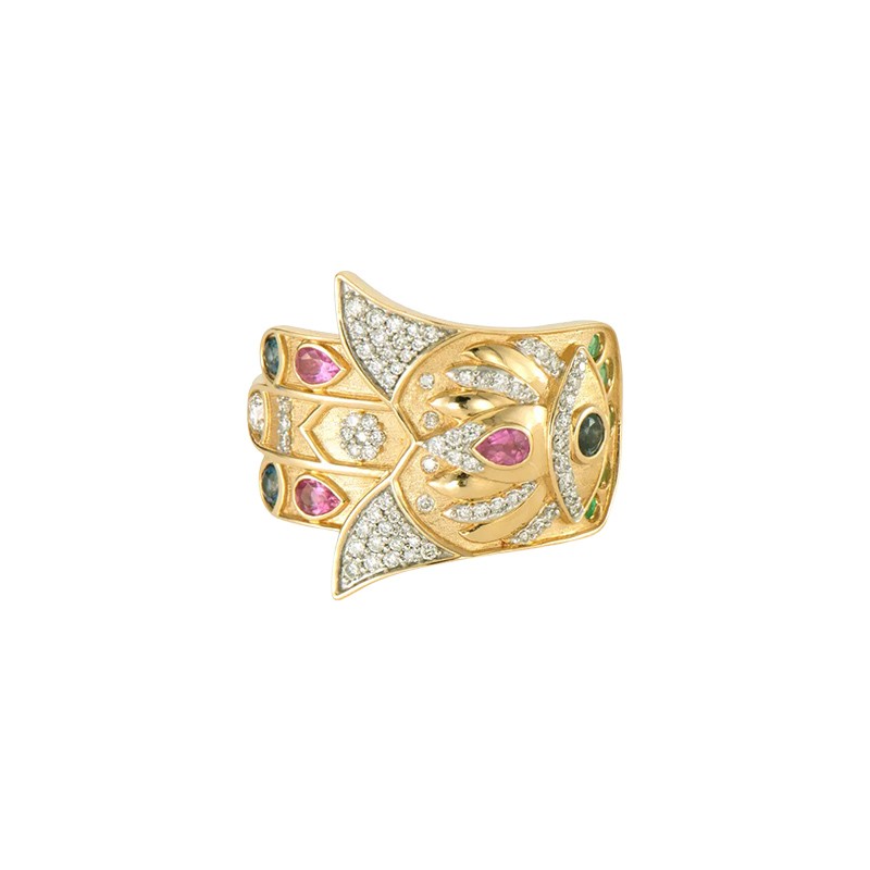14K Yellow Gold Bejeweled Sideways Hamsa Ring