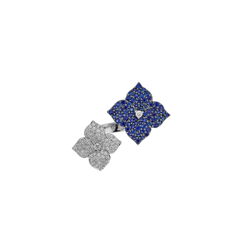18K White Gold Diamond and Blue Sapphire Fiore Double Flower Ring