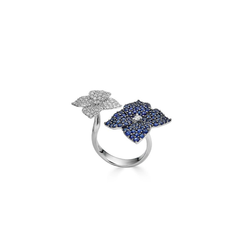 18K White Gold Diamond and Blue Sapphire Fiore Double Flower Ring