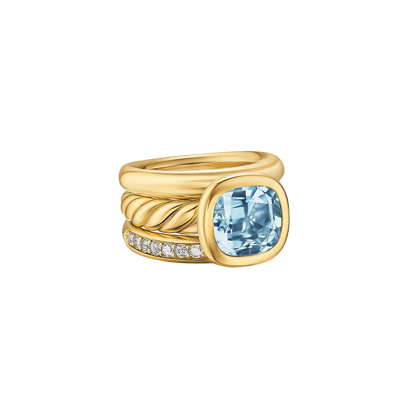 18K Yellow Gold Three Row Stone Ring with Sky Blue Topaz and Diamonds