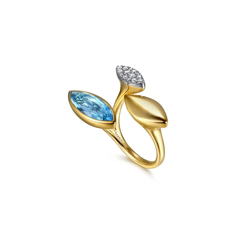 14K Two Tone Gold Diamond and Marquise Blue Topaz Ring
