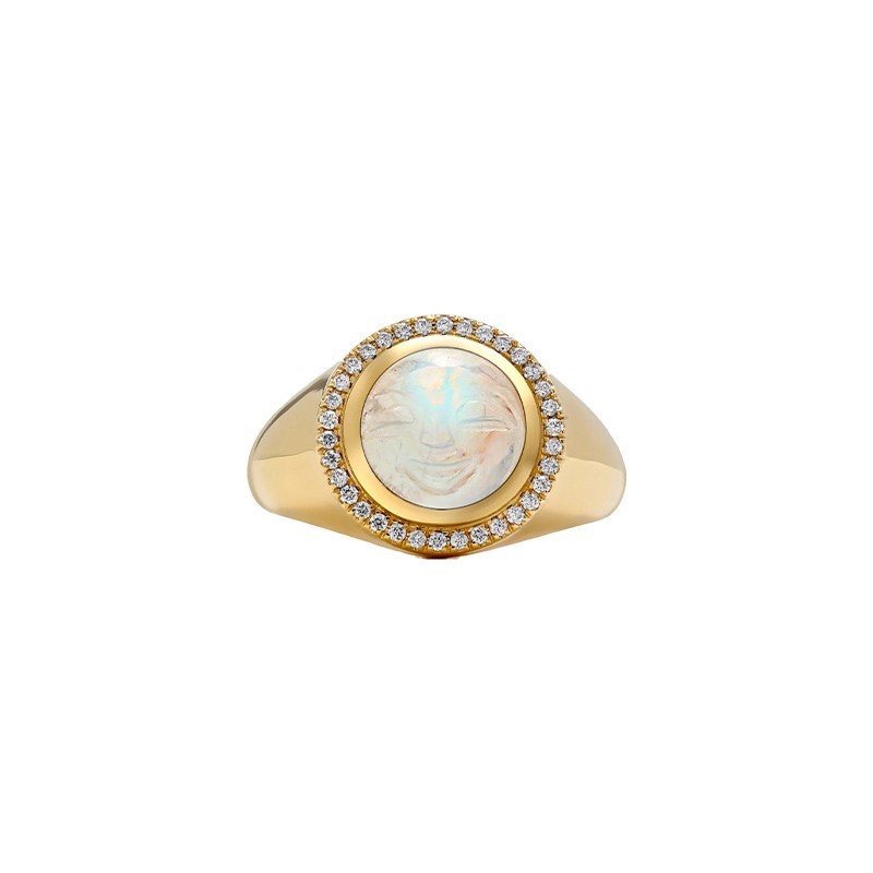 Happy Face Moonstone and Diamond Signet Ring