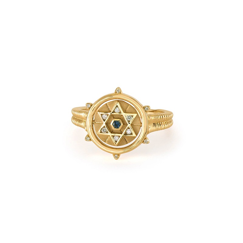 14K Yellow Gold Hamsa and Star of David Double Sided Flip Ring