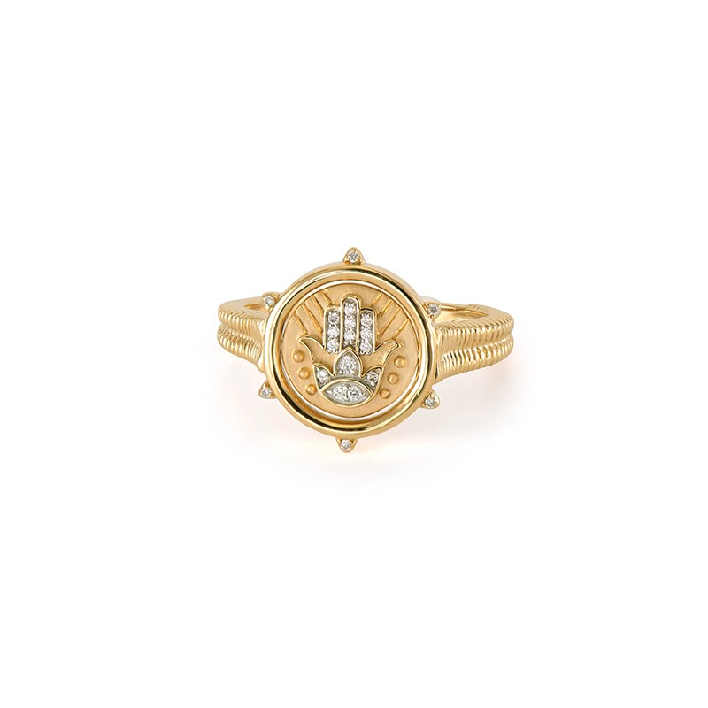 14K Yellow Gold Hamsa and Star of David Double Sided Flip Ring
