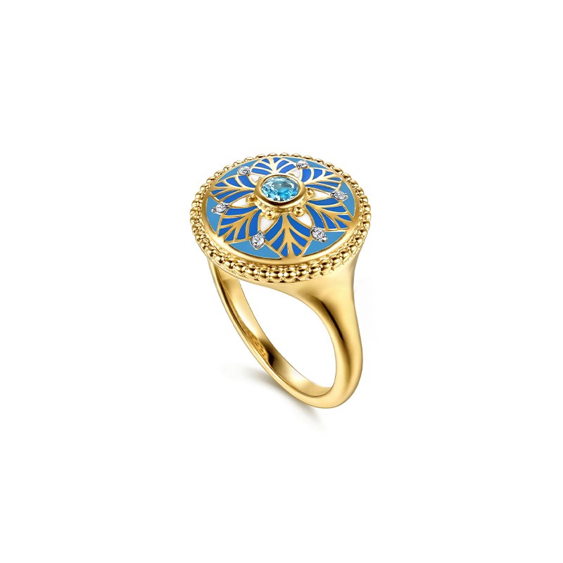 14K Yellow Gold Diamond and Blue Topaz Signet Ring with Blue and White Enamel