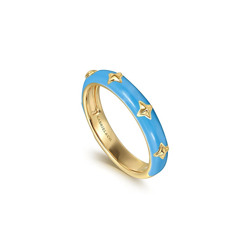 14K Yellow Gold Star Split Stackable with Blue Enamel