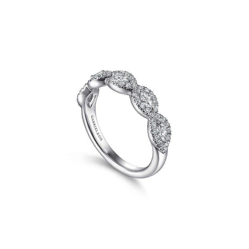 14K White Gold Round and Marquise Halo Station Diamond Anniversary Band