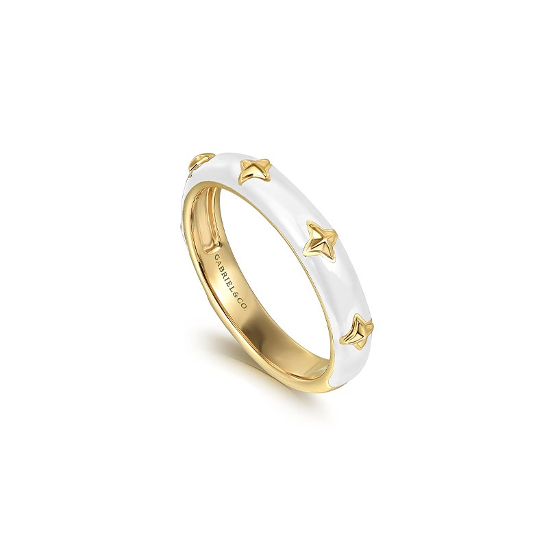 14K Yellow Gold Star Split Stackable with White Enamel