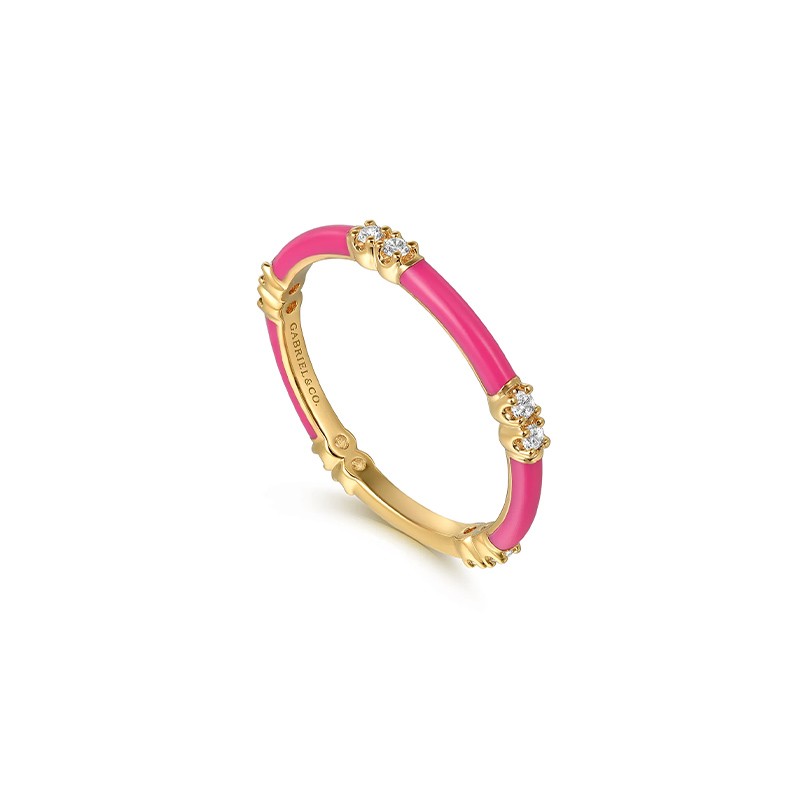 14K Yellow Gold Diamond Station Stackable with Fuchsia Enamel
