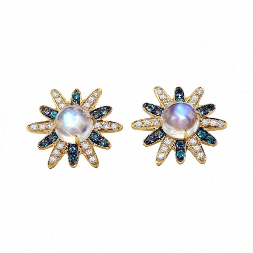 18k Yellow Gold Moonstone Sun Stud Earrings