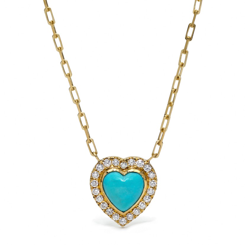 18k Yellow Gold Diamond and Turquoise Heart Necklace