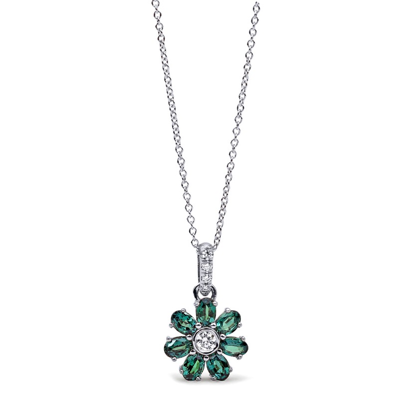 18k White Gold Alexandrite Diamond Flower Necklace