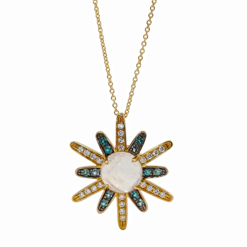 18k Yellow Gold Moonstone Diamond Sun Necklace