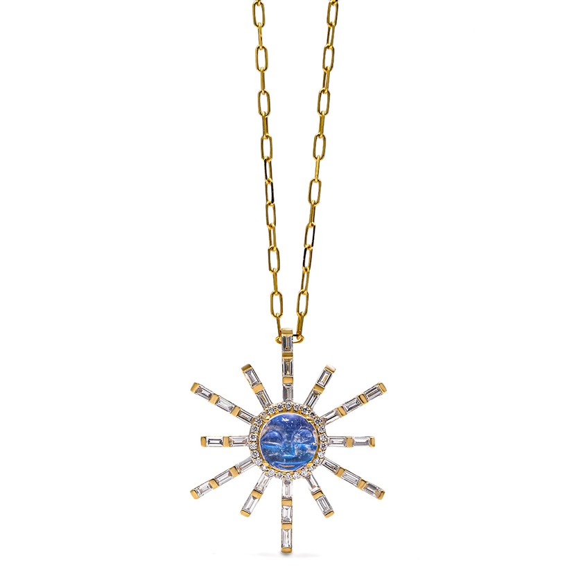 18k Yellow Gold Moonstone Diamond Sun Necklace