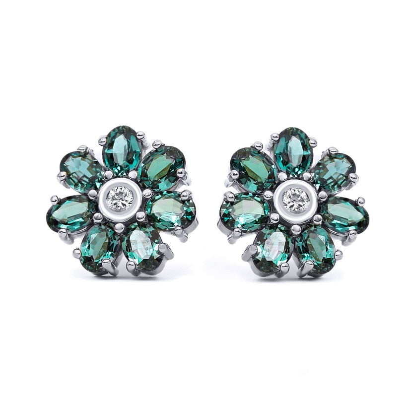 18k White Gold Alexandrite Diamond Flower Stud Earrings