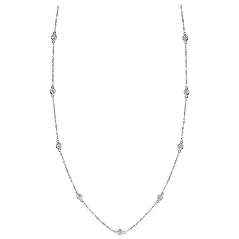 14k White Gold 9 Bezel Diamond By The Yard Necklace