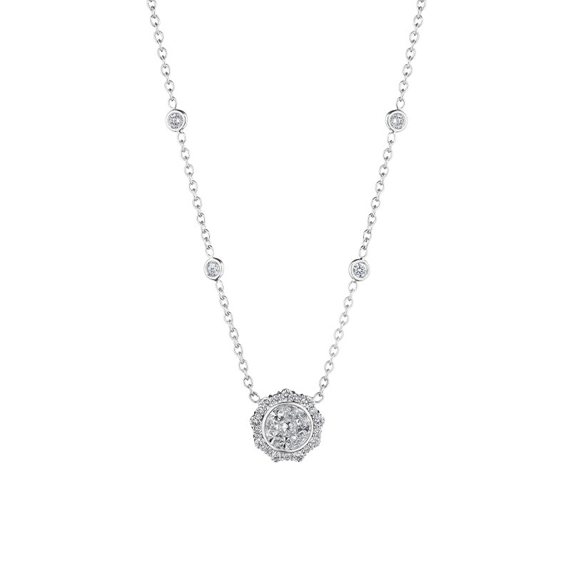 18K White Gold Round Illusion Diamond Pendant Necklace