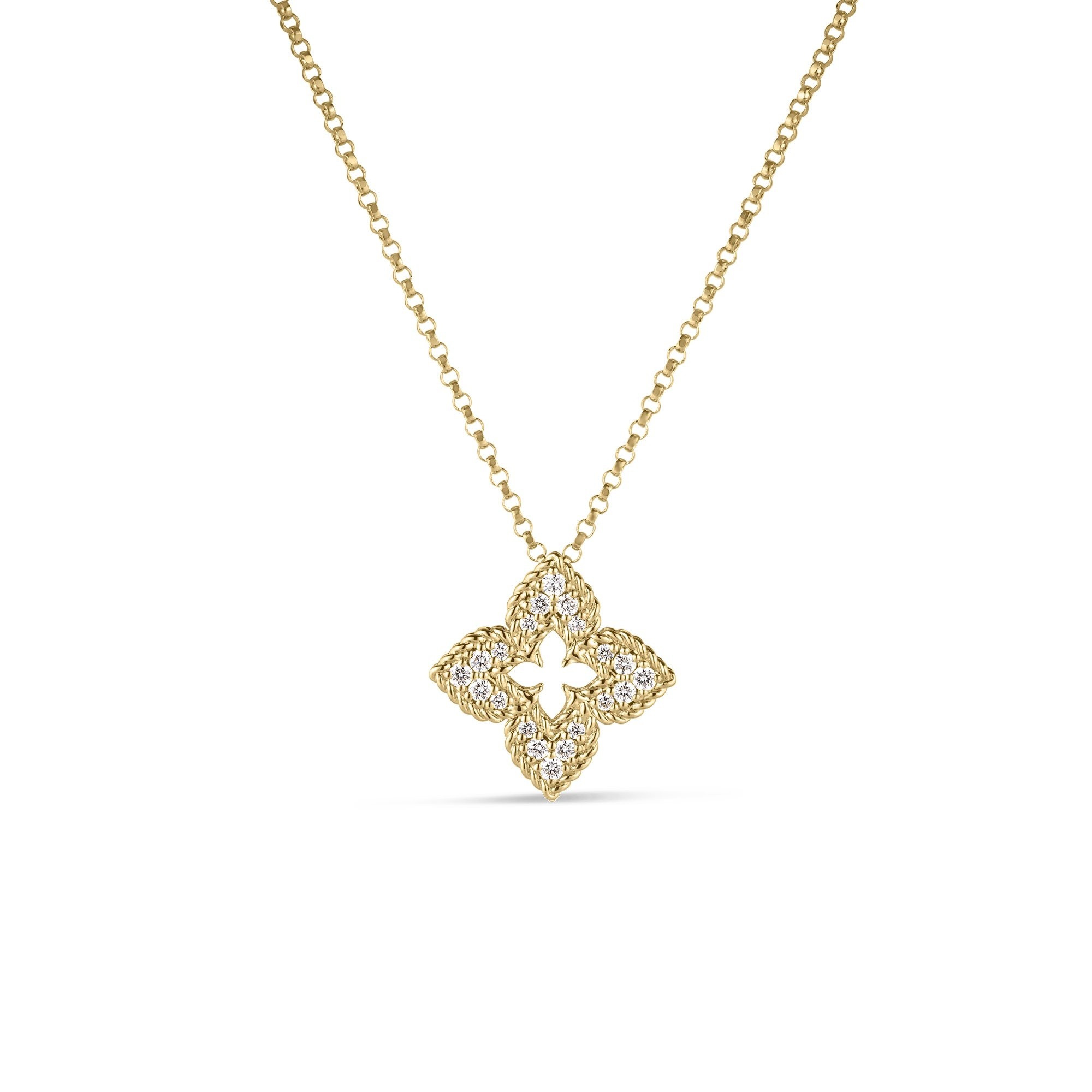 18K Yellow Gold Venetian Princess Small Diamond Pave Flower Necklace 