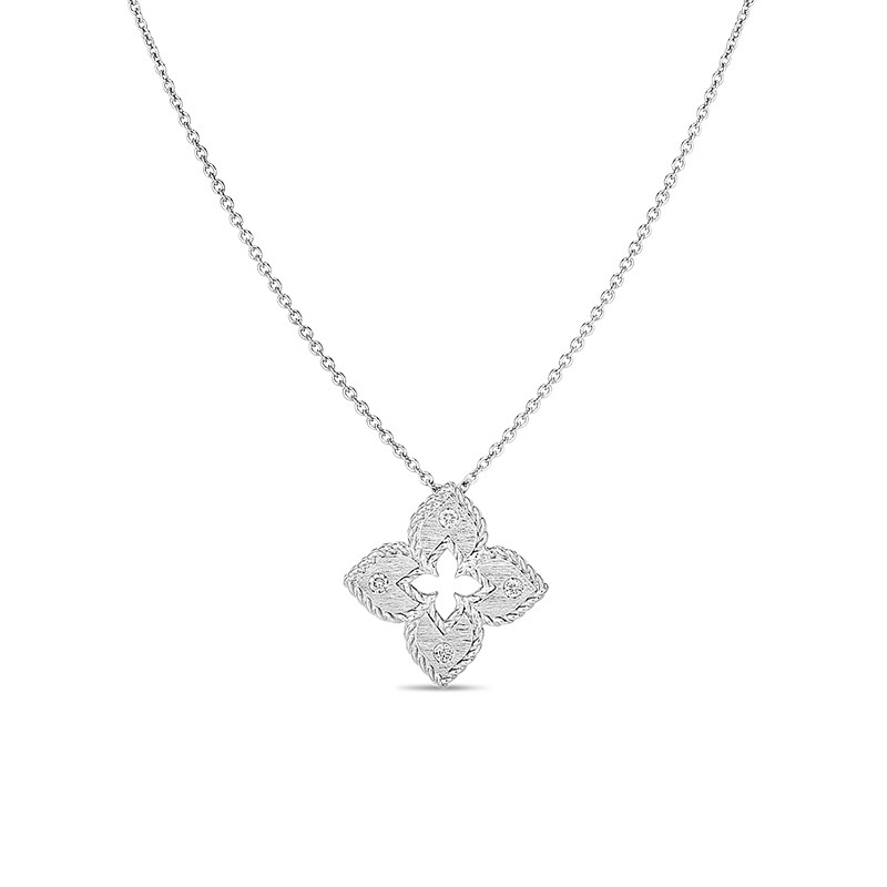 18K White Gold Petite Venetian Princess Satin & Diamond Accent Flower Necklace