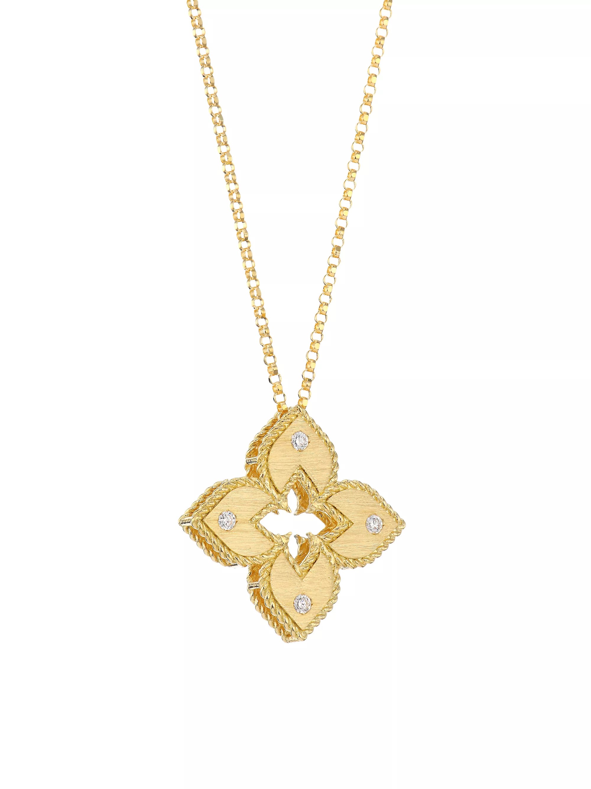 18K Yellow Gold Petite Venetian Princess Satin & Diamond Accent Flower Necklace