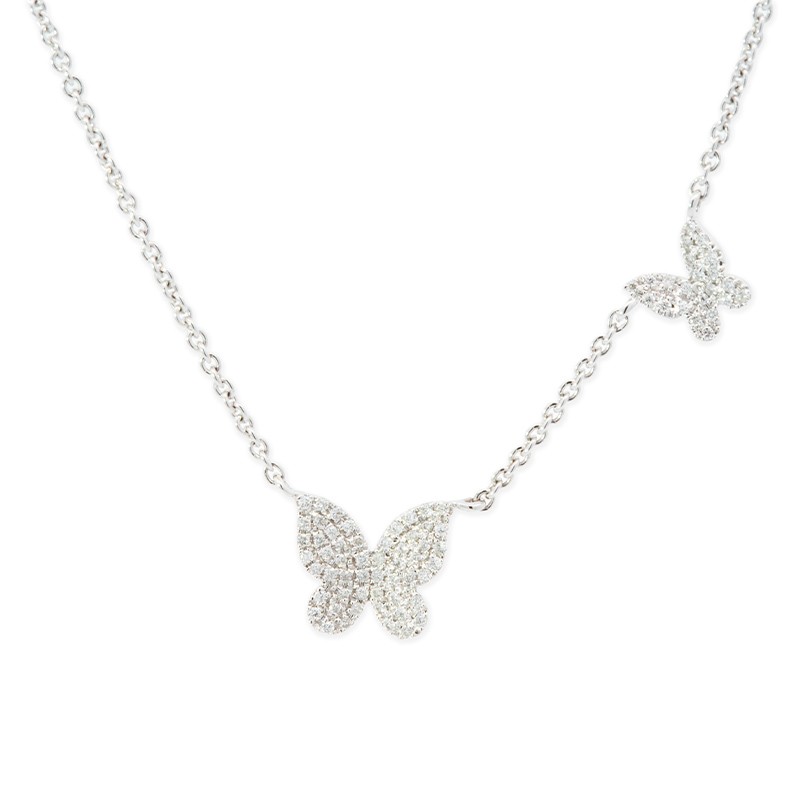 14K White Gold Double Diamond Butterfly Necklace