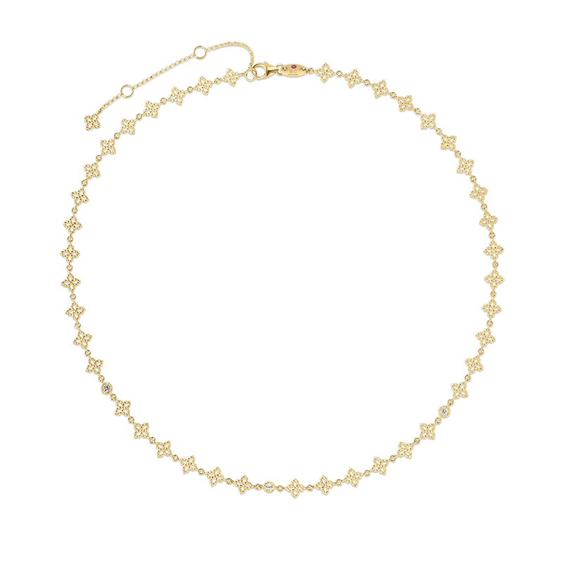 18K Yellow Gold Principessa Diamond & Flower Link Necklace