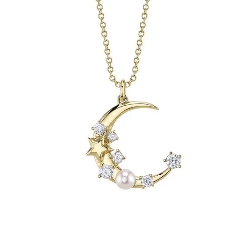 Yellow Gold Diamond & Pearl Crescent Necklace 