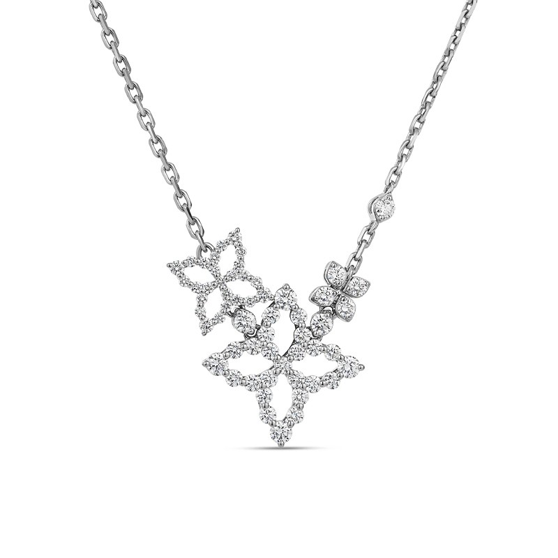 18K White Gold Diamond Triple Flower Necklace