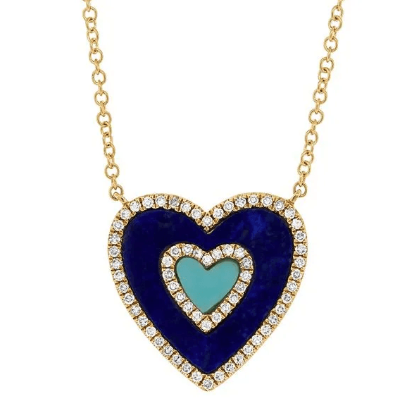 Diamond & Turquoise 14k Yellow Gold Heart Necklace