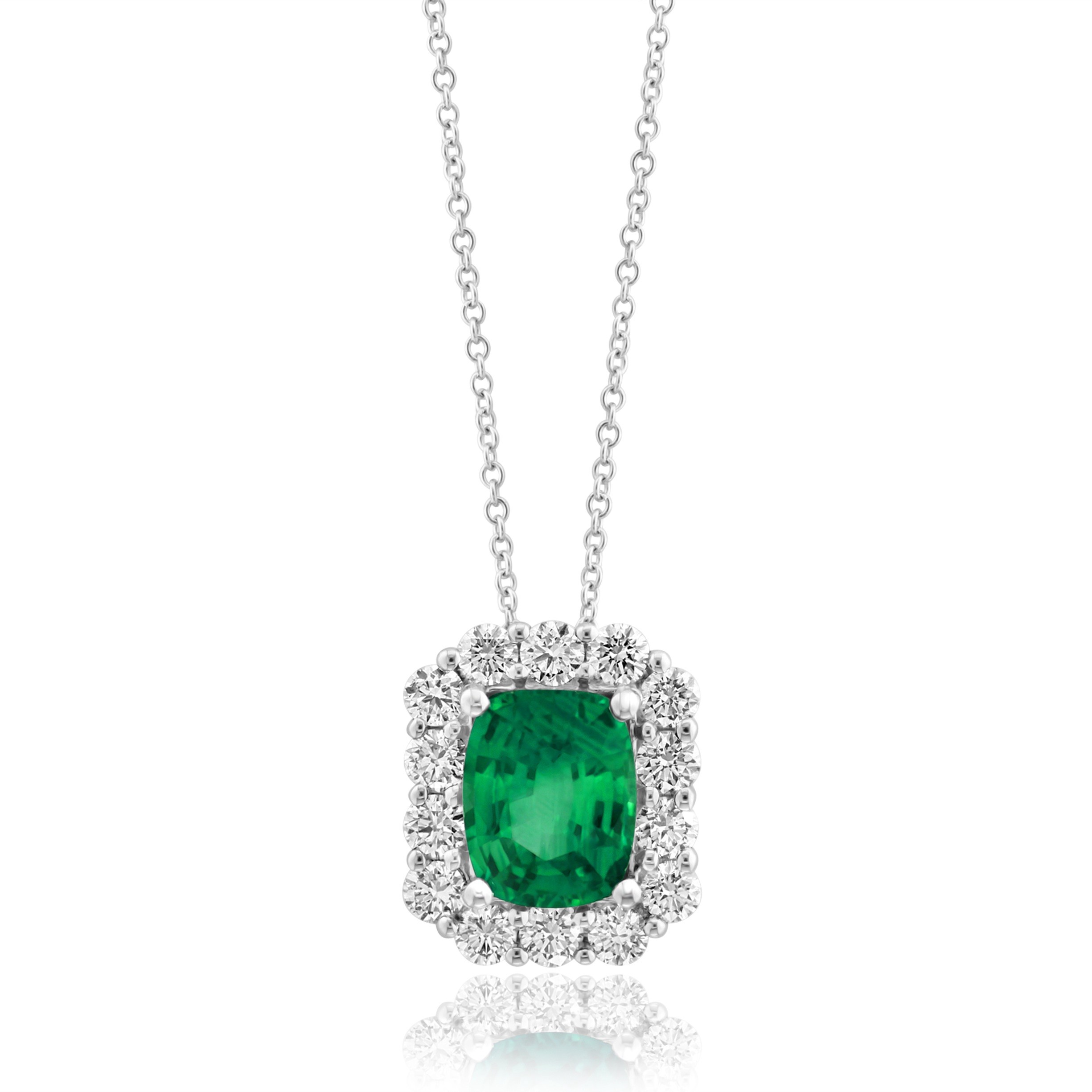 18k White Gold Emerald Diamond Halo Necklace