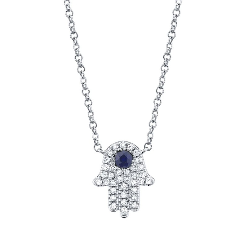 White Gold Diamond & Sapphire Hamsa Necklace