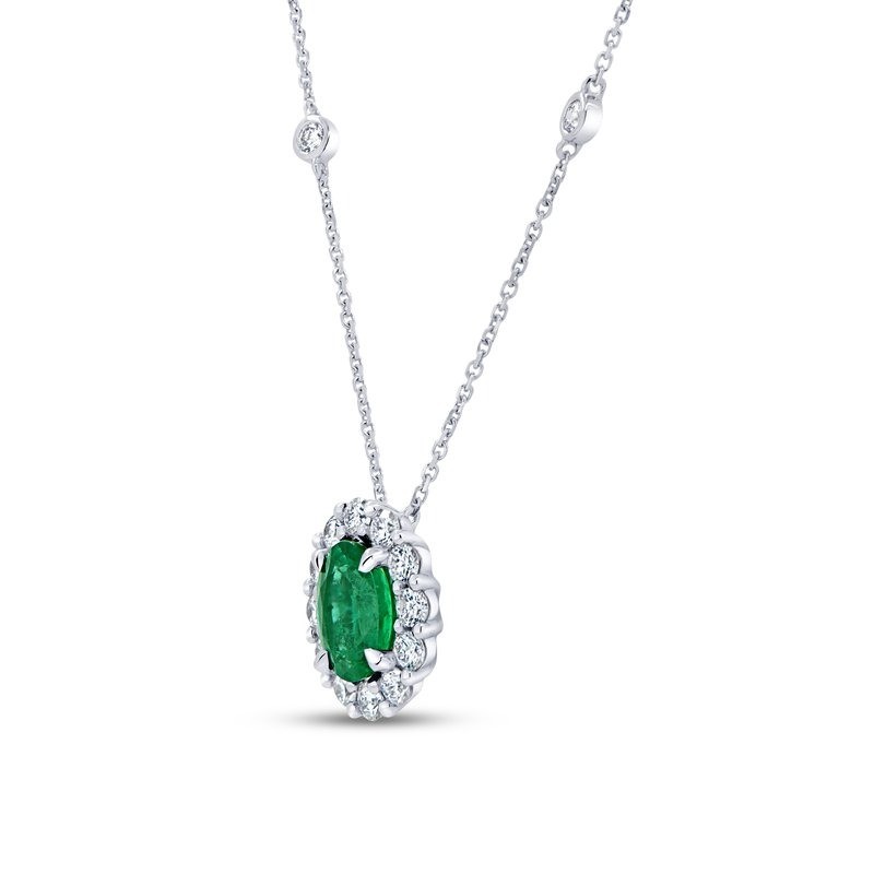 18k White Gold Emerald Halo Diamond Necklace