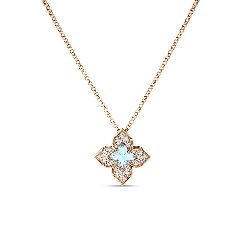18K Rose Gold Venetian Princess Carnival Pavé Diamond & Blue Topaz Small Flower Necklace