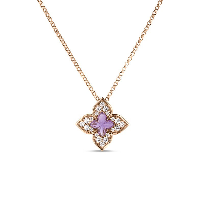 18K Rose Gold Venetian Princess Carnival Pavé Diamond & Amethyst Small Flower Necklace