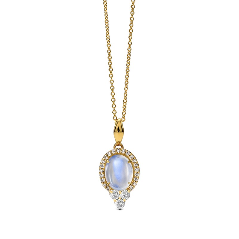 18K Yellow Gold Oval Moonstone and Diamond Pendant Necklace