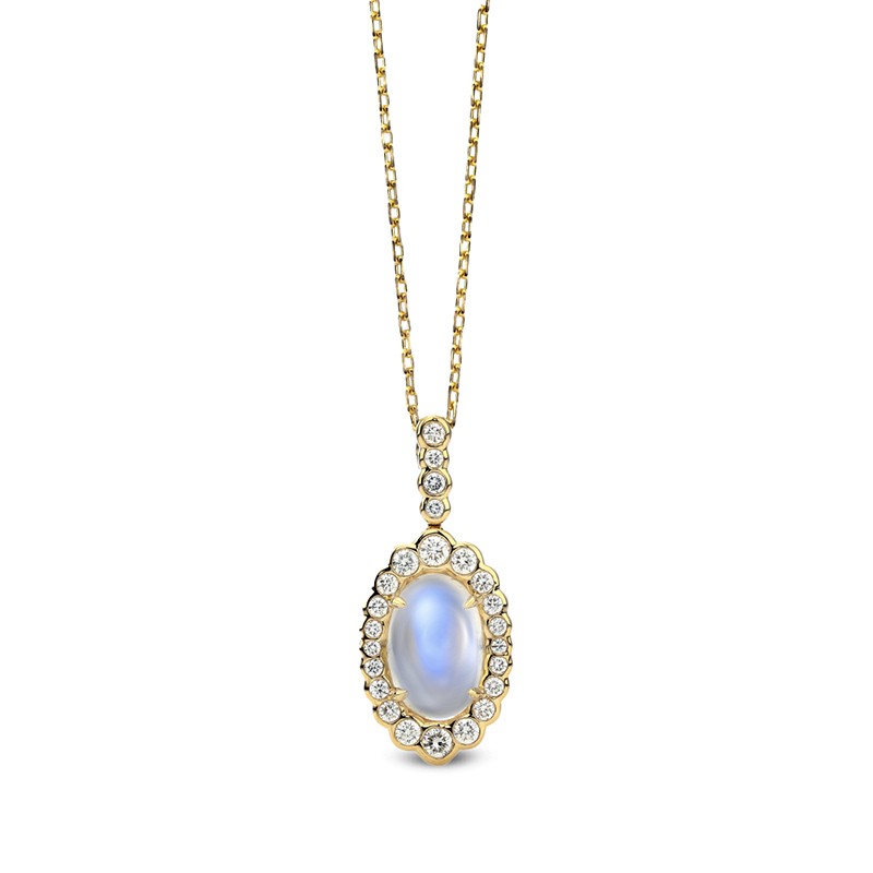 18K Yellow Gold Bubbly One of a Kind Moonstone and Diamond Pendant
