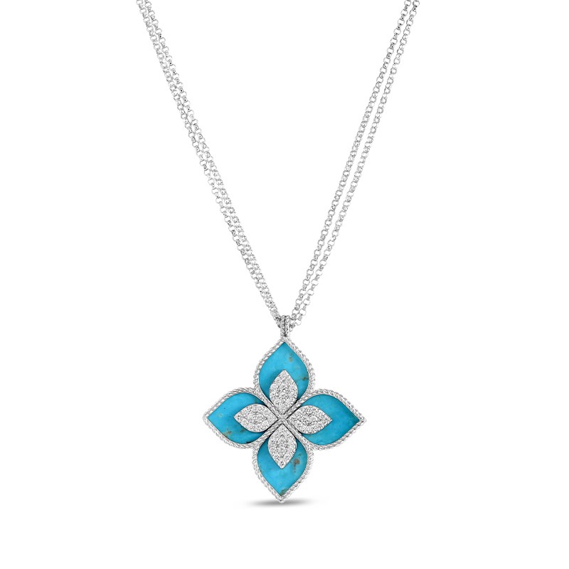 18K White Gold Venetian Princess Diamond & Turquoise Flower Necklace