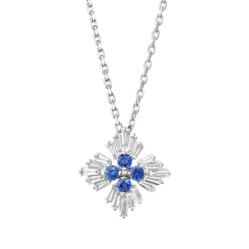 18K White Gold Diamond and Sapphire Princess Flower Necklace