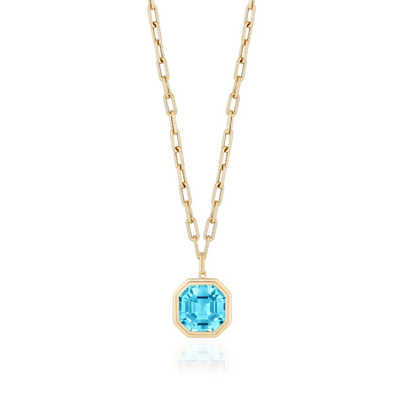 18K Blue Topaz Asscher Cut Octagon Pendant Necklace