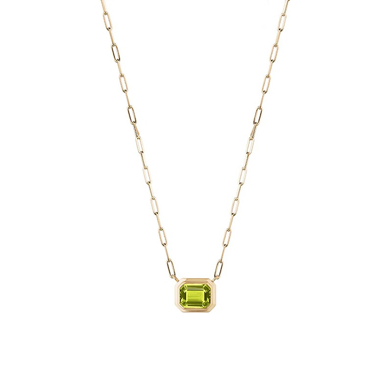 18K Yellow Gold Peridot East-West Emerald Cut Bezel Pendant Necklace