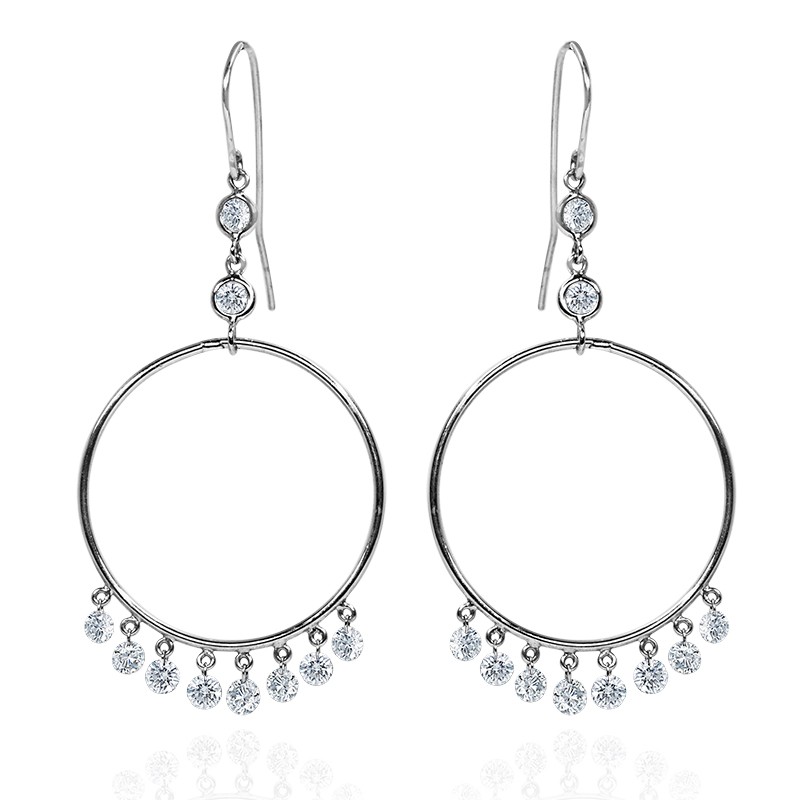 18k White Gold Gypsy Hoop Fringe Diamond Drop Earrings