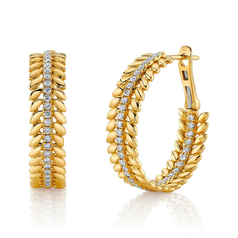 14K Yellow Gold Diamond Laurel Wreath Hoop Earrings