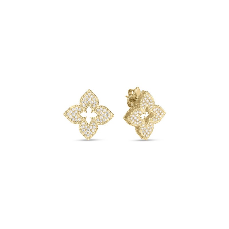 18K Yellow Gold Venetian Princess Pave Diamond Medium Flower Stud Earrings
