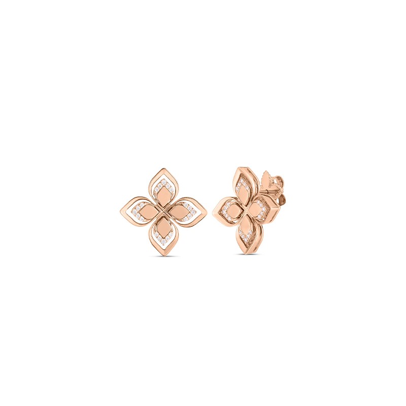 18K Rose Gold Venetian Princess Open Frame Diamond Flower Stud Earrings