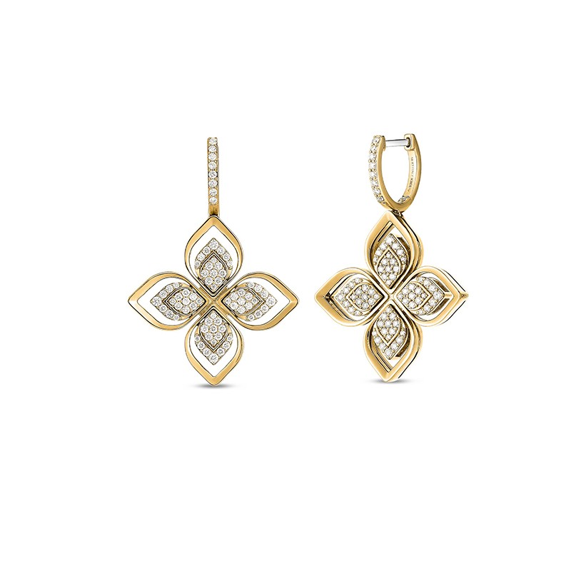 18K Yellow Gold Venetian Princess Open Frame Diamond Flower Earrings