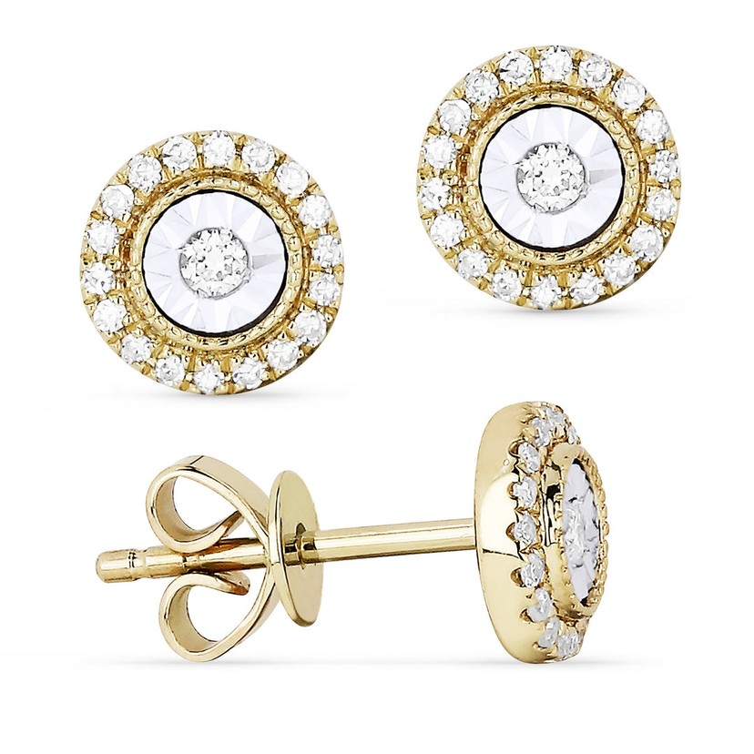 14K Yellow Gold Diamond Stud Earrings with Surrounding Diamonds