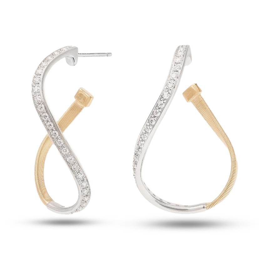 18k Two-Tone Gold Twisted Irregular Small Hoops with Diamond Pavé