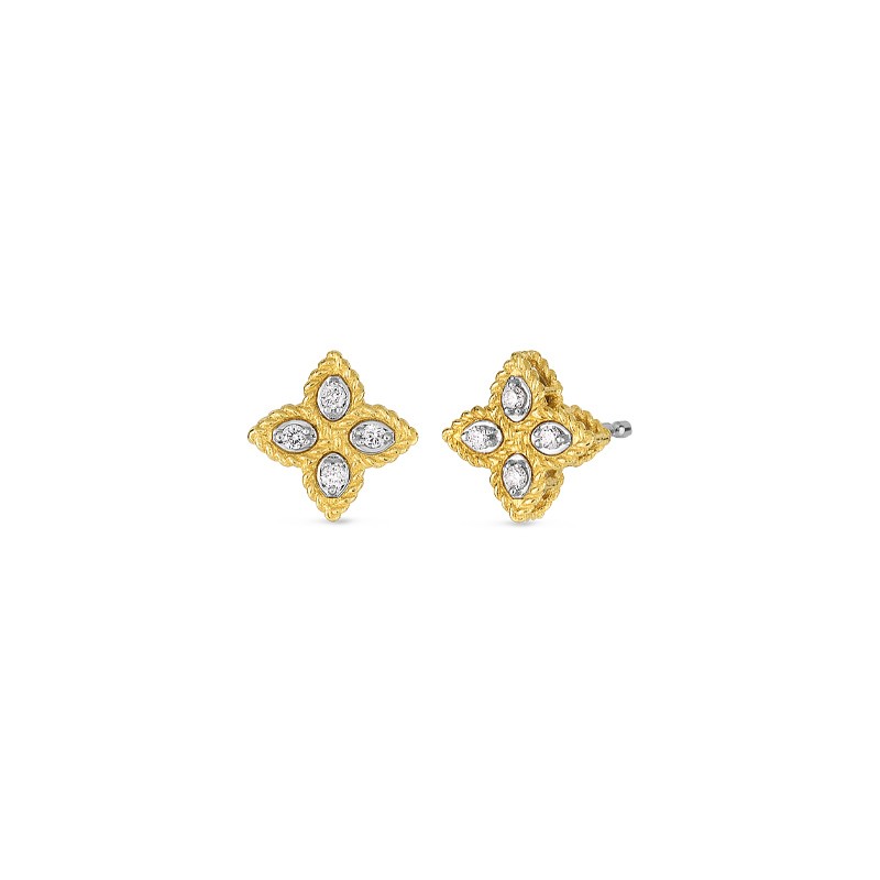 18K Two-Tone Gold Princess Flower Small Diamond Stud Earrings