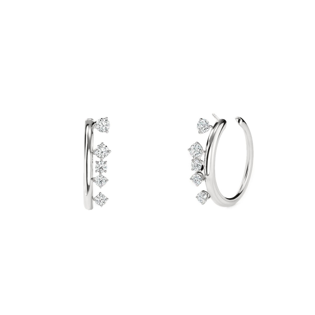 18k White Gold Barre Floating Diamond Small Hoops