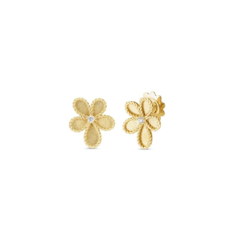 18K Yellow Gold Jasmine Diamond & Satin Finish Flower Stud Earrings